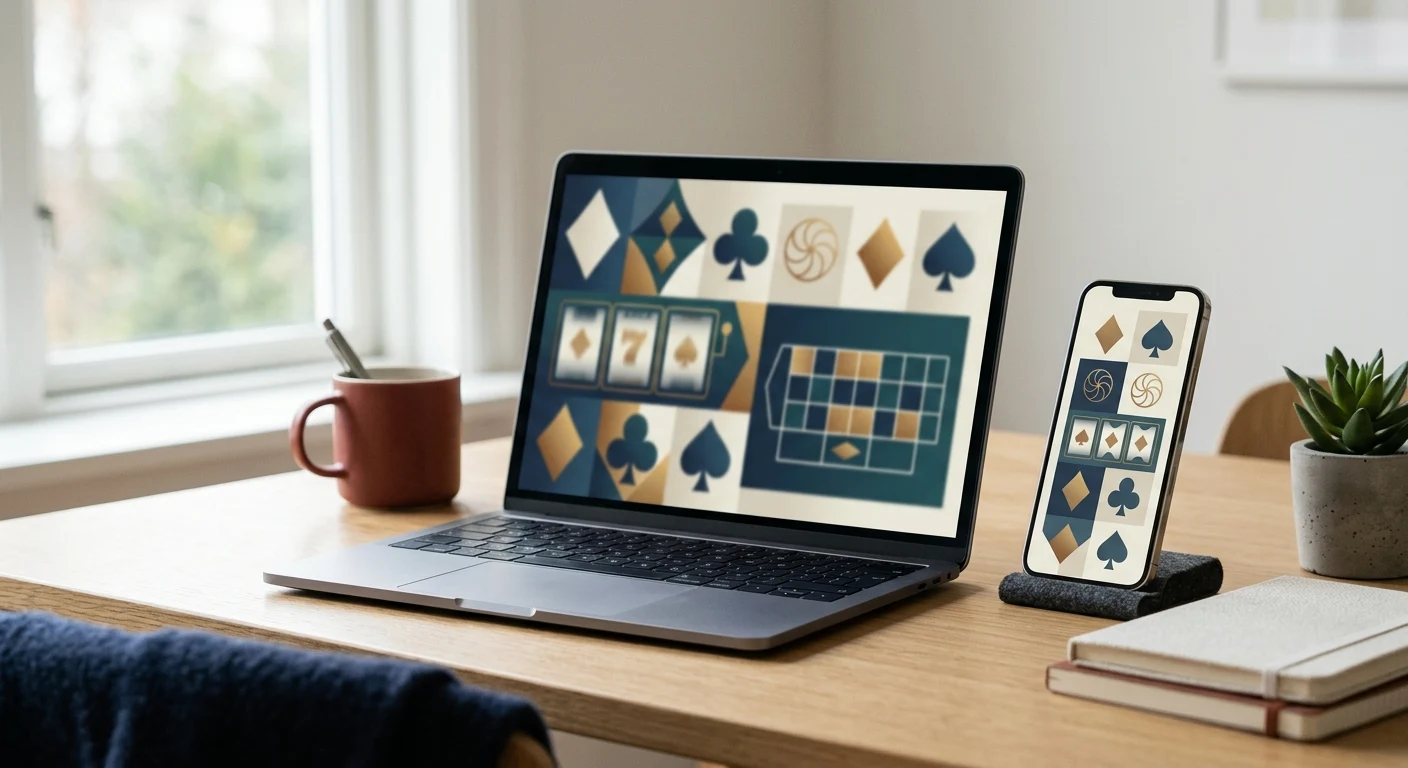 Redaktionel illustration af online casino på mobil og computer i dansk kontekst